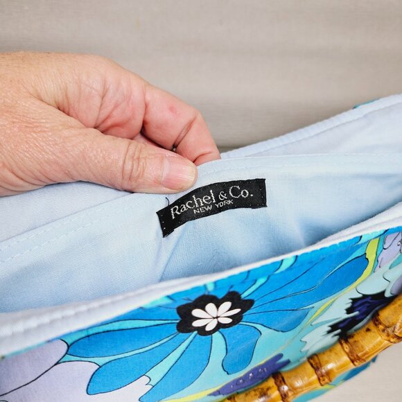Handbag Blue Tropical Floral Fabric Summer Bamboo Handles Rachel & Co NY - Picture 7 of 9